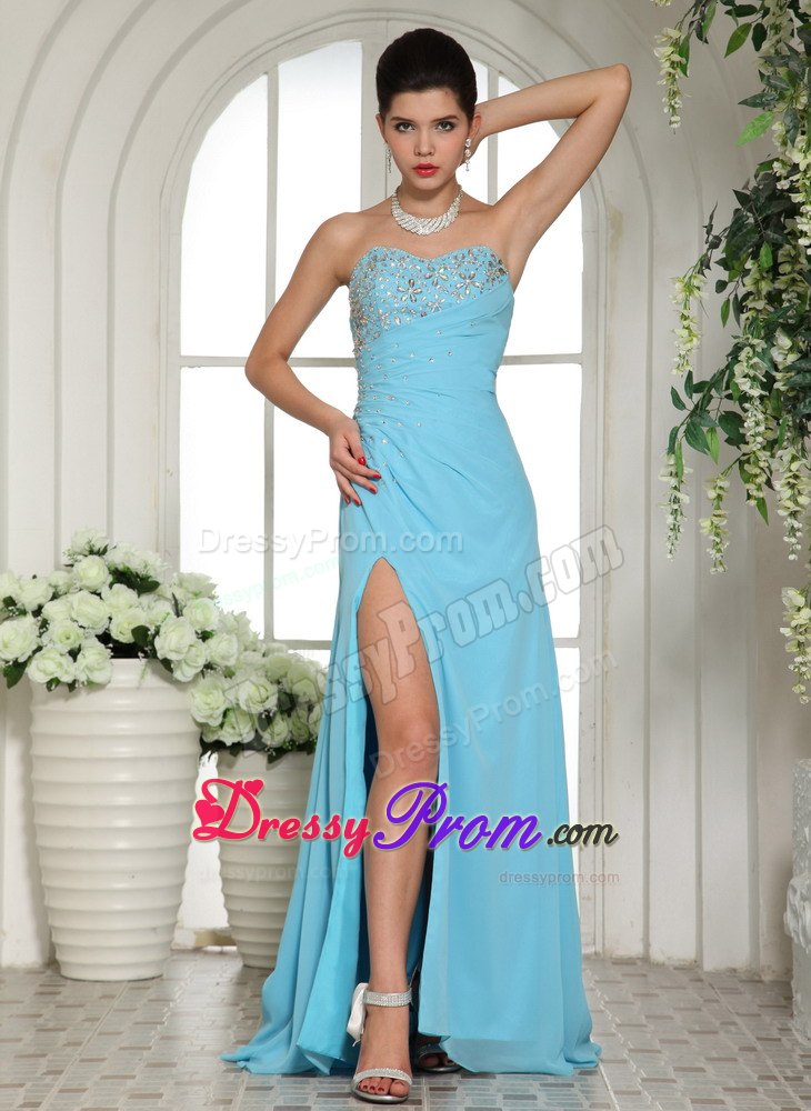 High Slit and Beading for Aqua Blue Prom Evening Dress with Brush Train