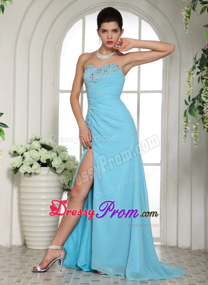 High Slit and Beading for Aqua Blue Prom Evening Dress with Brush Train