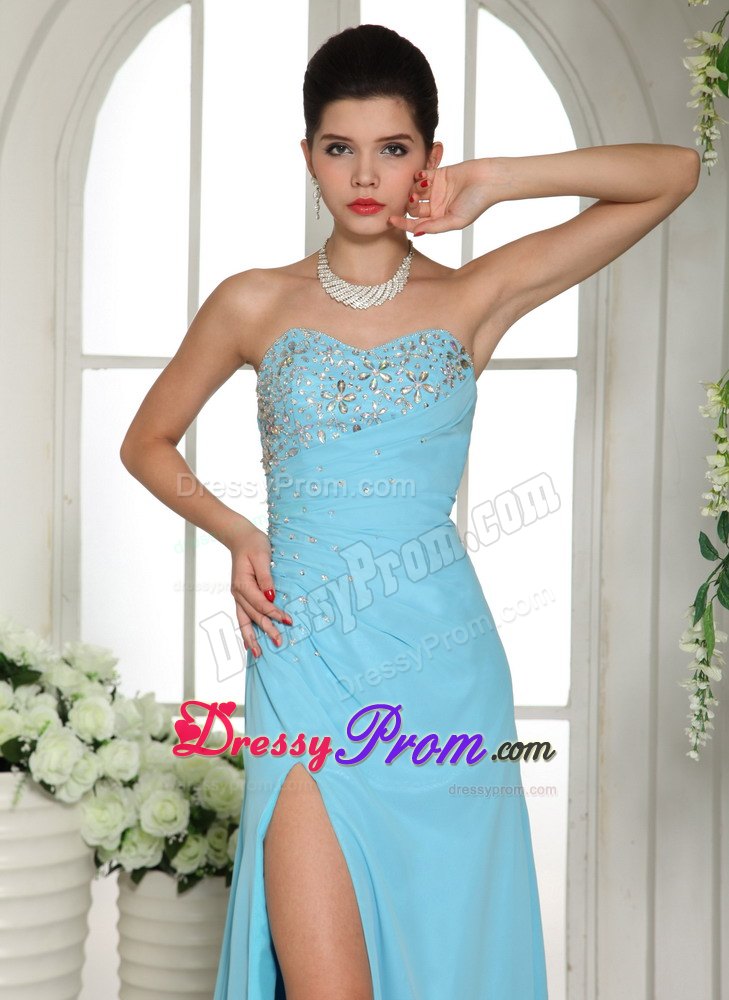 High Slit and Beading for Aqua Blue Prom Evening Dress with Brush Train