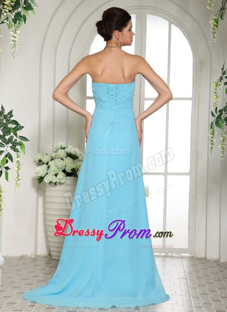 High Slit and Beading for Aqua Blue Prom Evening Dress with Brush Train