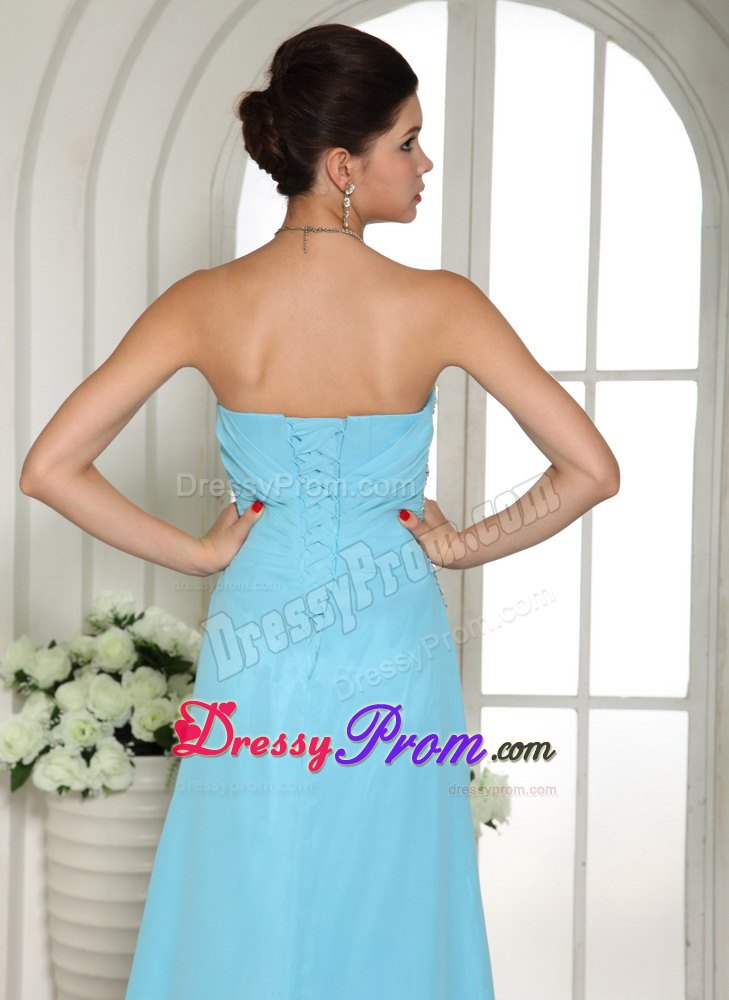 High Slit and Beading for Aqua Blue Prom Evening Dress with Brush Train