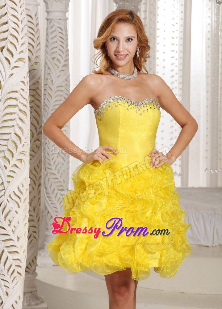 Ruffles A-line Sweetheart Prom Cocktail Dress in Yellow with Beading