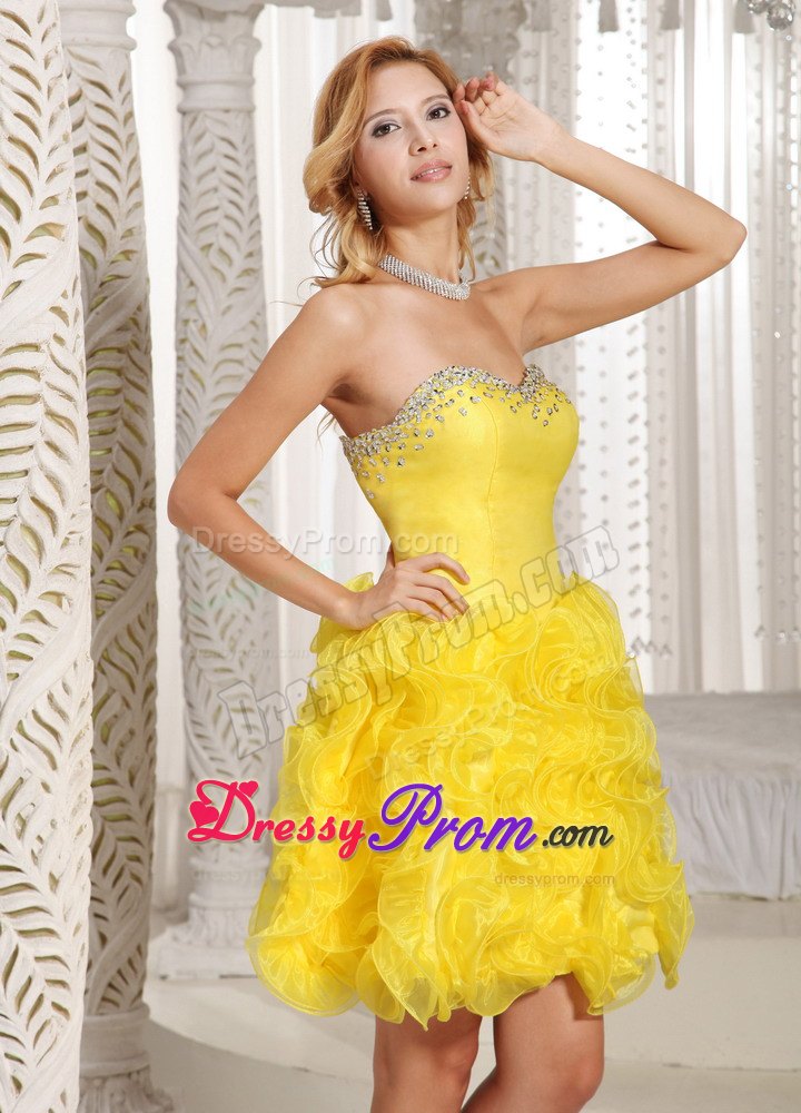 Ruffles A-line Sweetheart Prom Cocktail Dress in Yellow with Beading