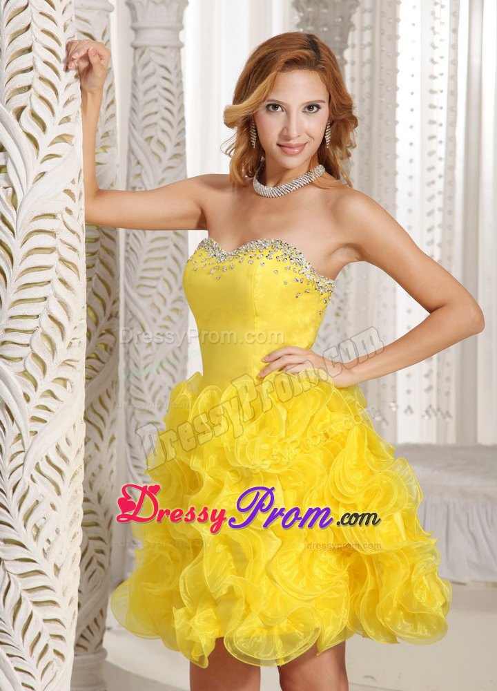 Ruffles A-line Sweetheart Prom Cocktail Dress in Yellow with Beading
