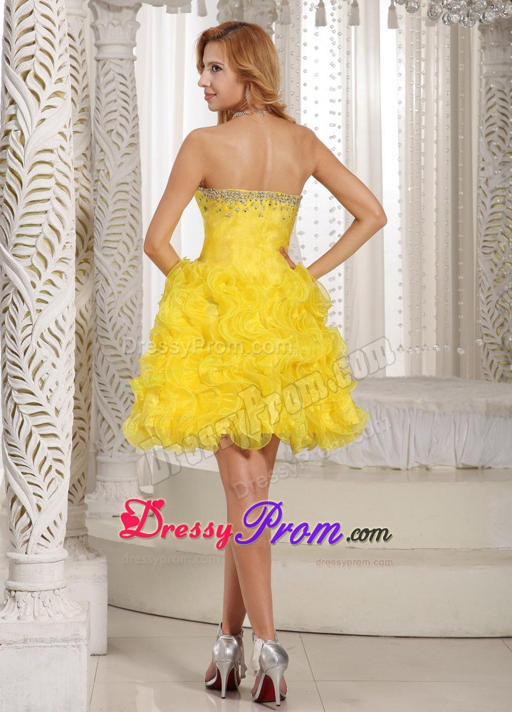 Ruffles A-line Sweetheart Prom Cocktail Dress in Yellow with Beading