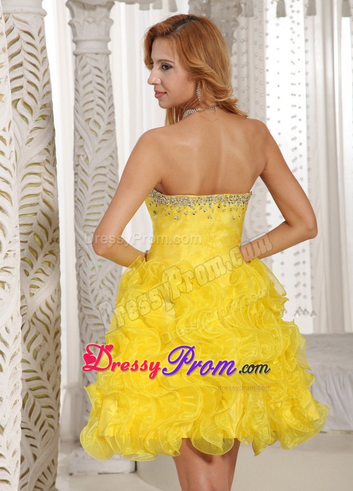 Ruffles A-line Sweetheart Prom Cocktail Dress in Yellow with Beading