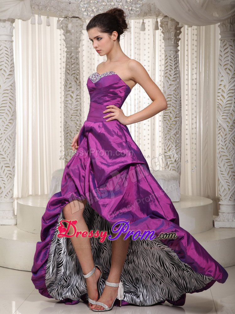 Fuchsia High-low Taffeta and Zebra Beading Prom Evening Dress