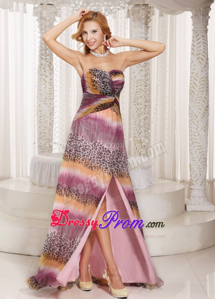 Multi-color High Slit Watteau Train Prom Dress Made in Animal Print Fabric