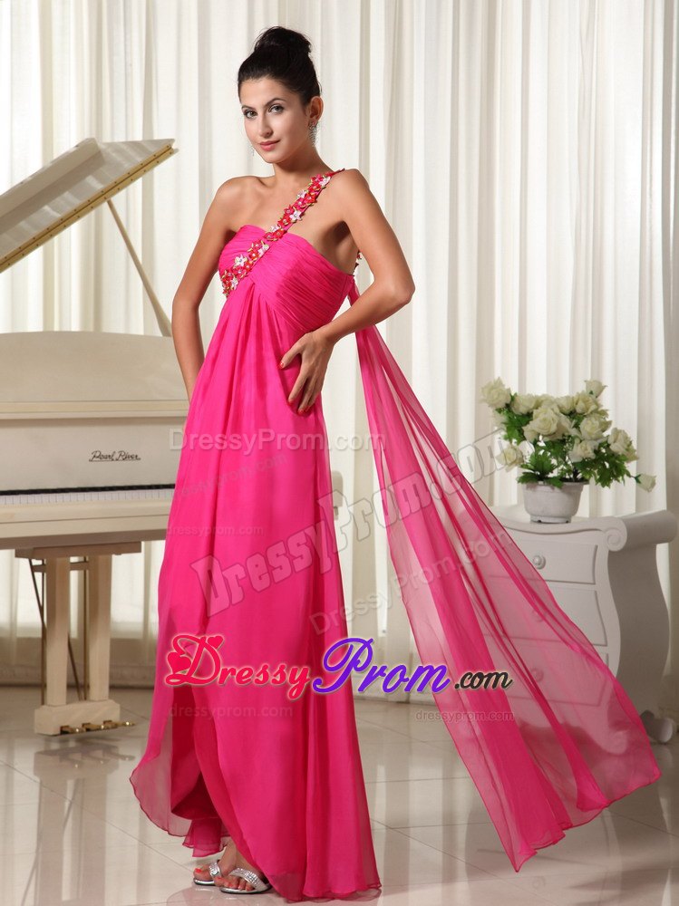 Appliques One Shoulder Hot Pink High-low Prom Dress with Watteau Train