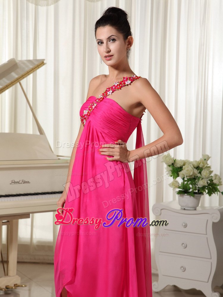 Appliques One Shoulder Hot Pink High-low Prom Dress with Watteau Train