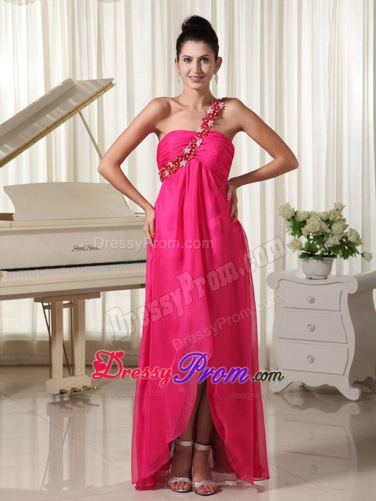 Appliques One Shoulder Hot Pink High-low Prom Dress with Watteau Train