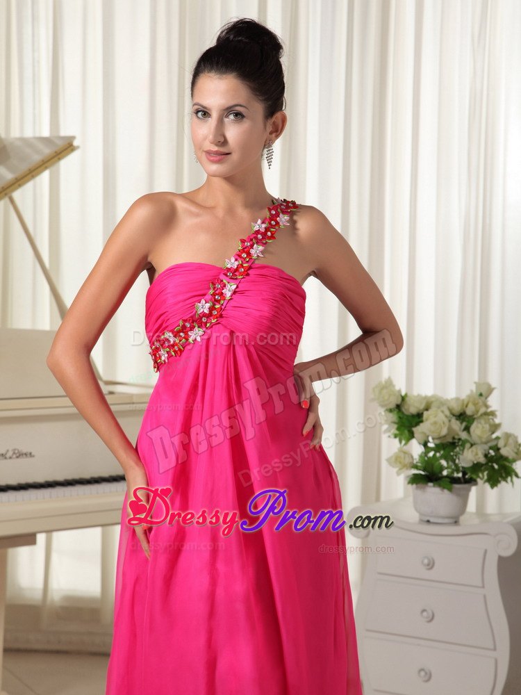 Appliques One Shoulder Hot Pink High-low Prom Dress with Watteau Train