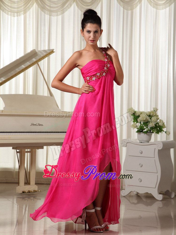 Appliques One Shoulder Hot Pink High-low Prom Dress with Watteau Train