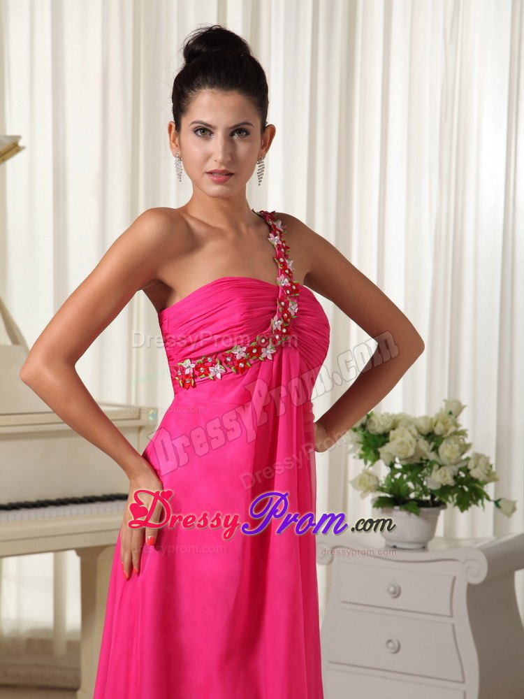 Appliques One Shoulder Hot Pink High-low Prom Dress with Watteau Train