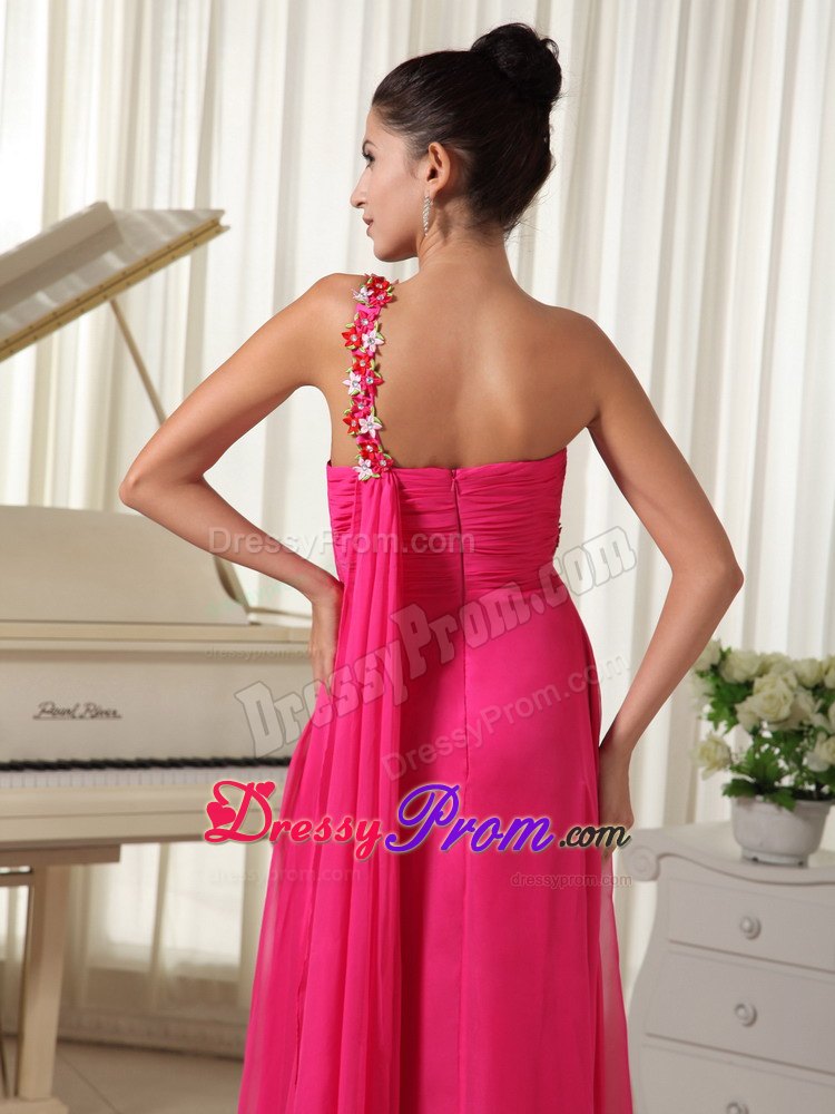 Appliques One Shoulder Hot Pink High-low Prom Dress with Watteau Train