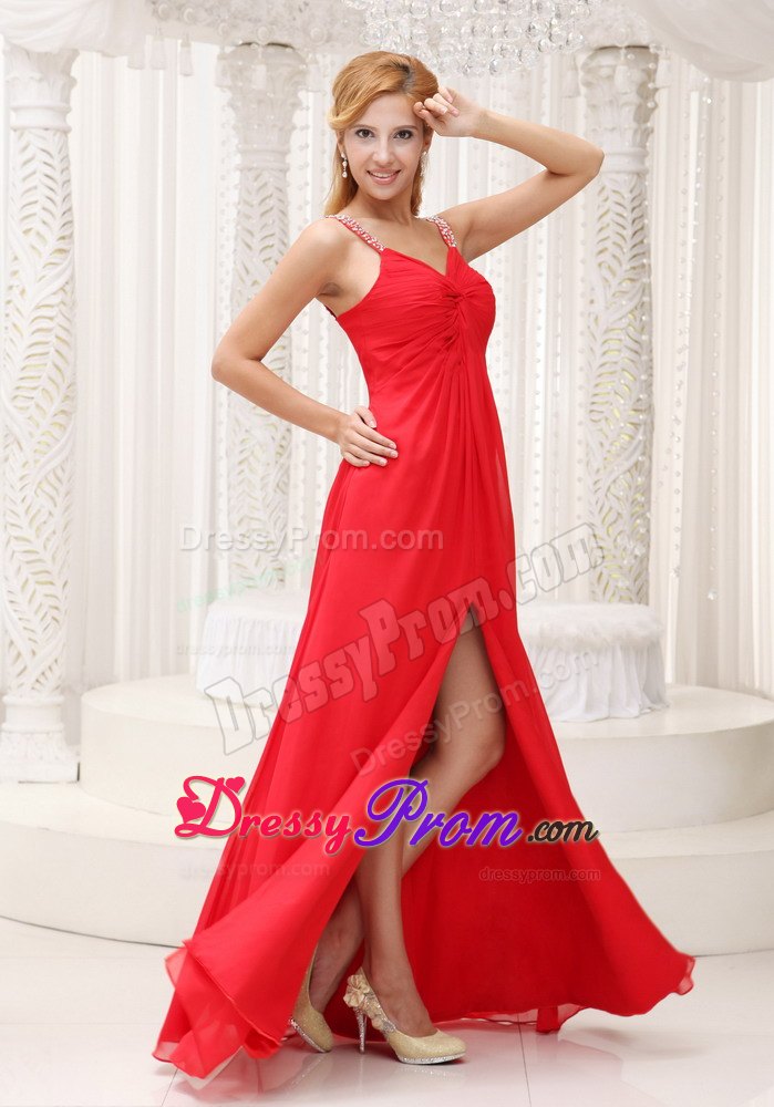 Beaded Decorate Straps Prom Evening Dress with High Slit and Ruching