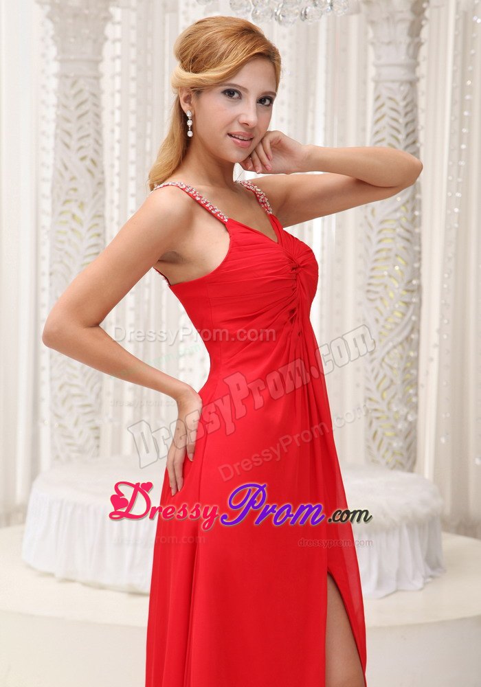 Beaded Decorate Straps Prom Evening Dress with High Slit and Ruching