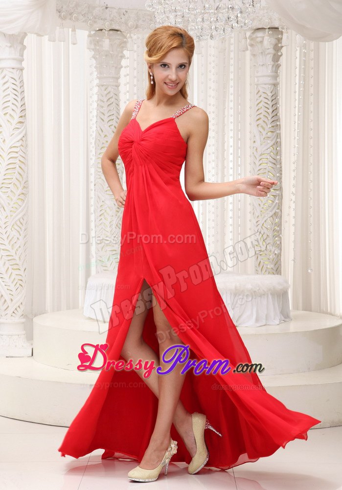 Beaded Decorate Straps Prom Evening Dress with High Slit and Ruching