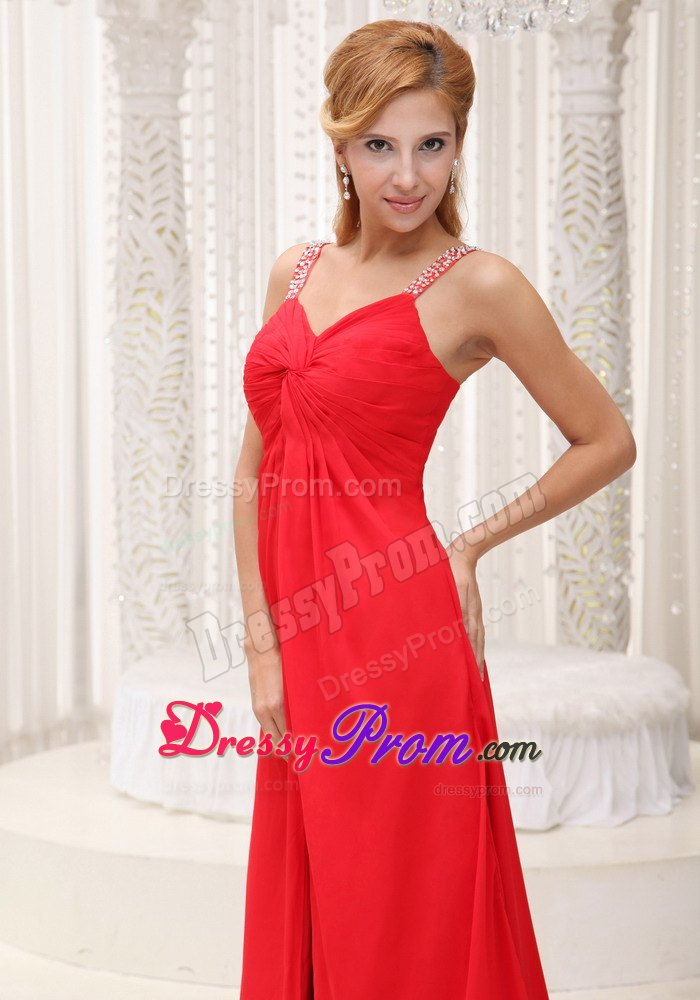 Beaded Decorate Straps Prom Evening Dress with High Slit and Ruching