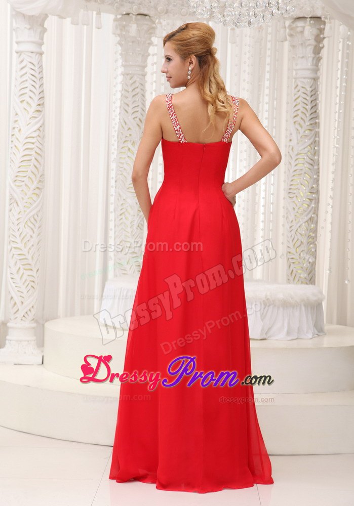 Beaded Decorate Straps Prom Evening Dress with High Slit and Ruching
