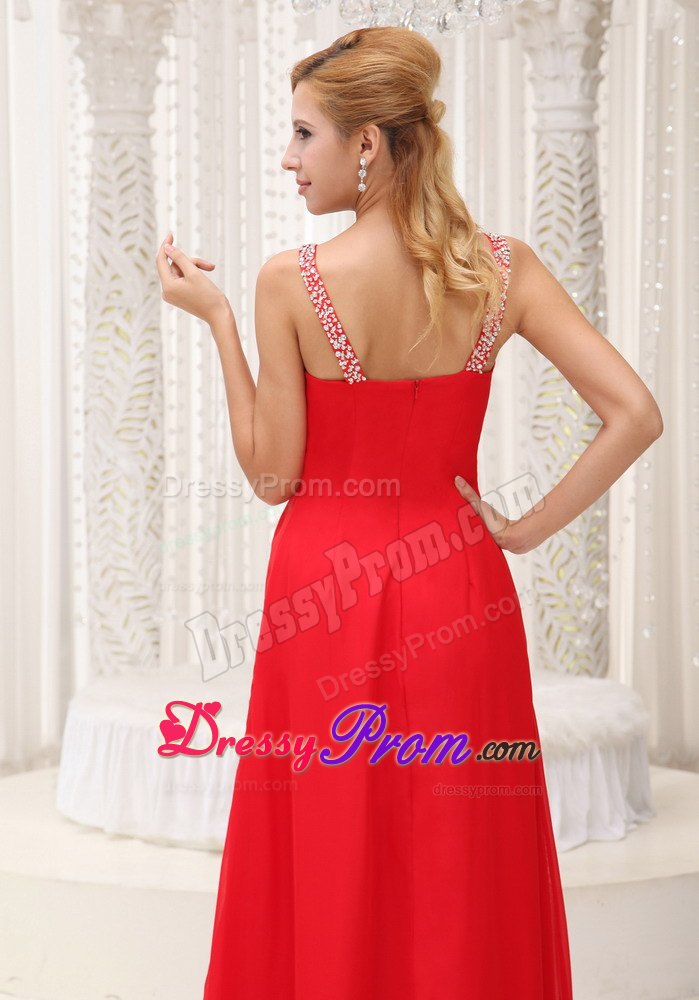 Beaded Decorate Straps Prom Evening Dress with High Slit and Ruching