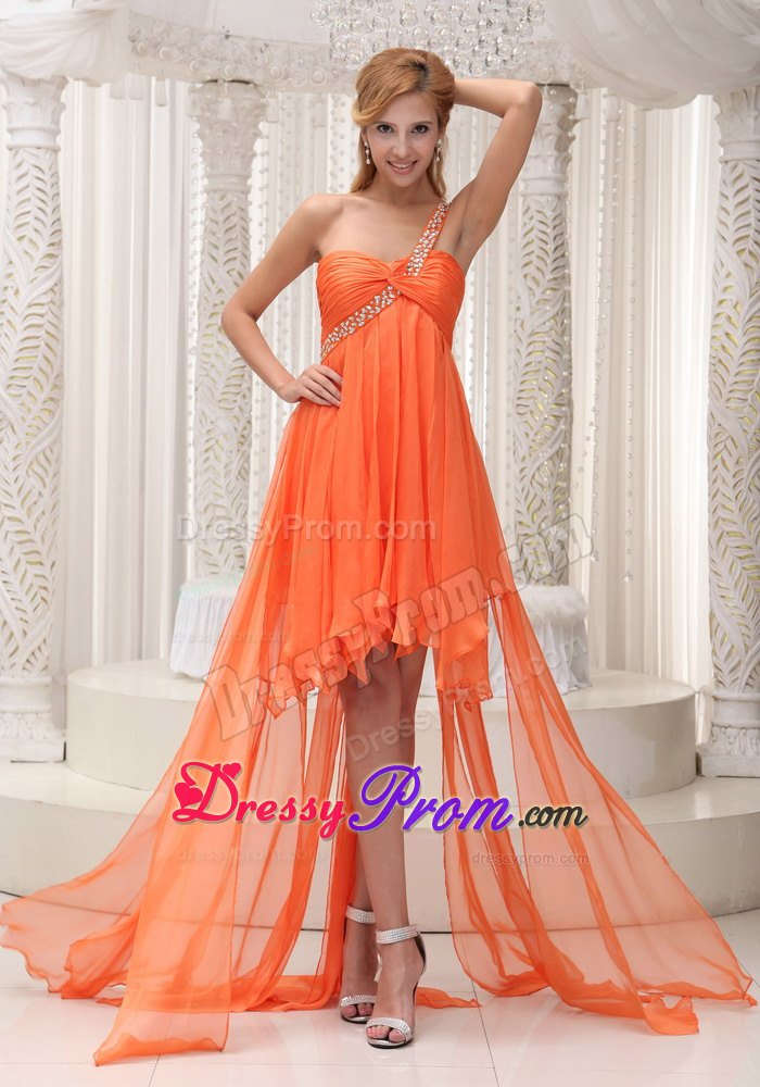 Beaded One Shoulder Ruched High-low Prom Homecoming Dress in Orange