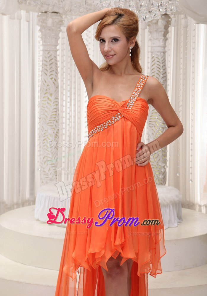 Beaded One Shoulder Ruched High-low Prom Homecoming Dress in Orange