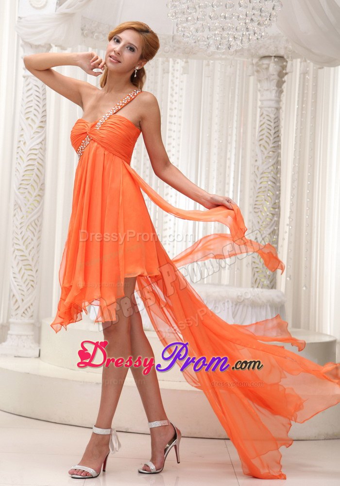 Beaded One Shoulder Ruched High-low Prom Homecoming Dress in Orange