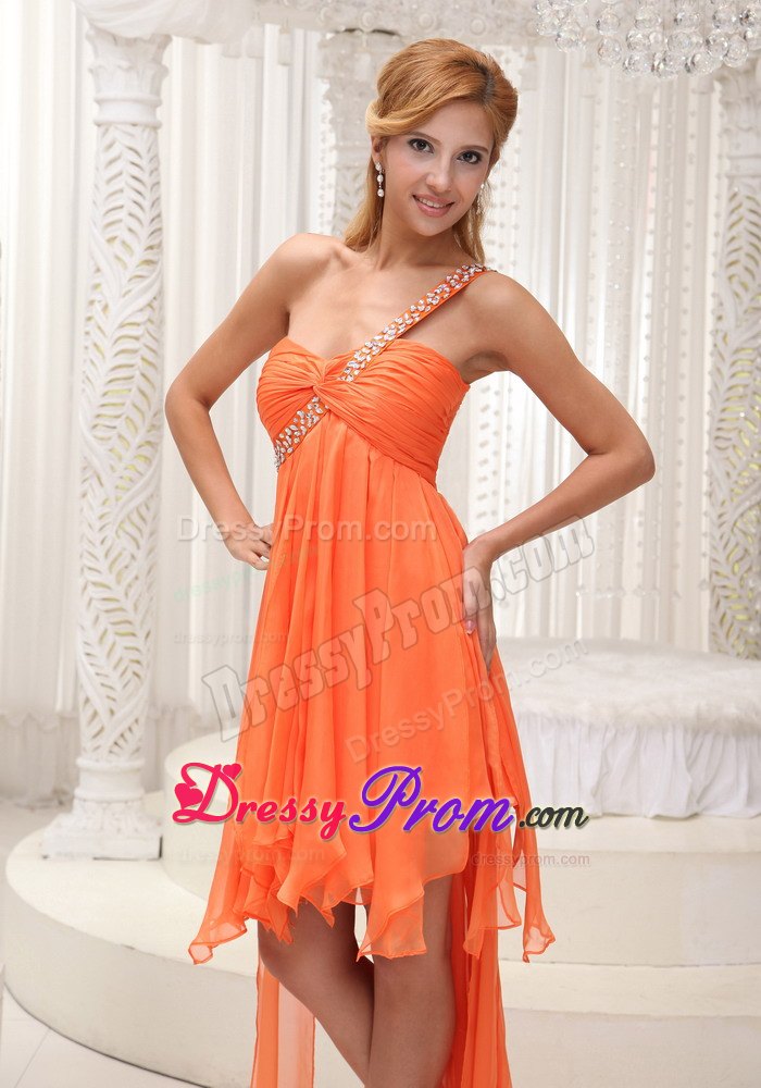 Beaded One Shoulder Ruched High-low Prom Homecoming Dress in Orange