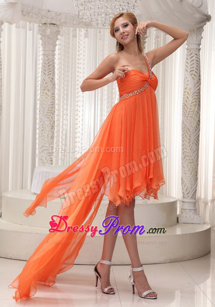 Beaded One Shoulder Ruched High-low Prom Homecoming Dress in Orange
