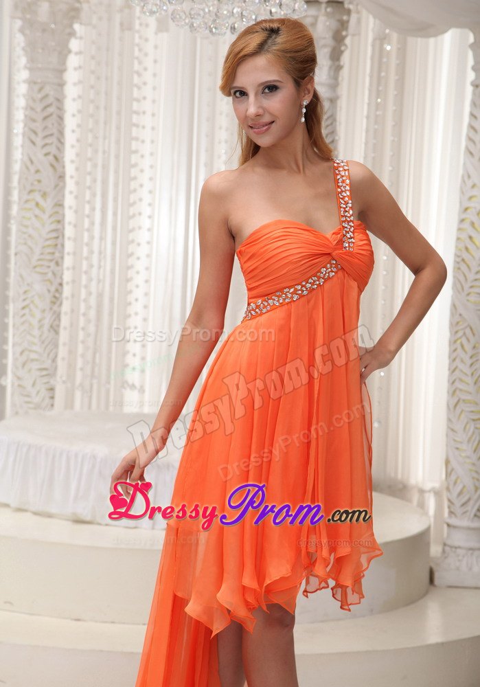 Beaded One Shoulder Ruched High-low Prom Homecoming Dress in Orange