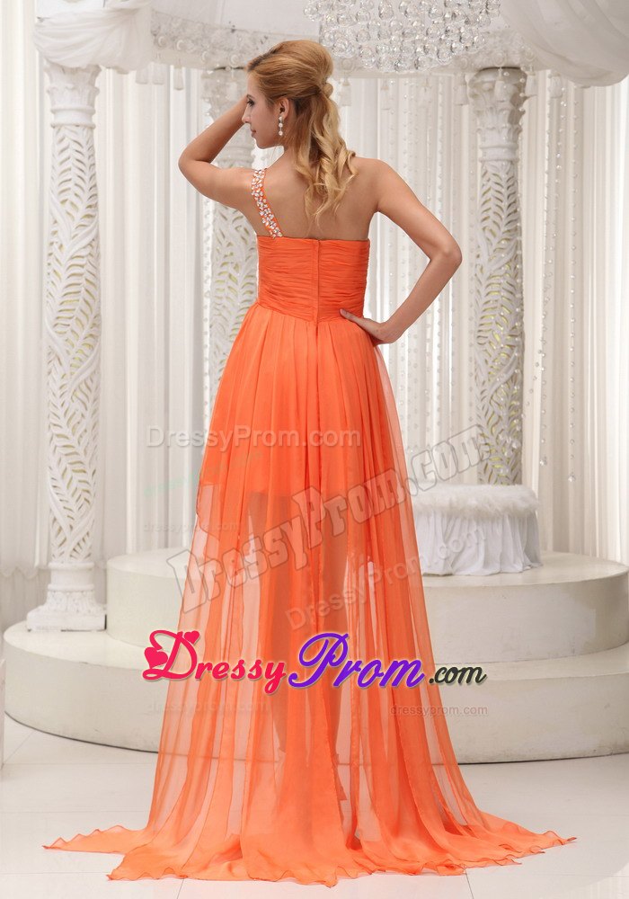 Beaded One Shoulder Ruched High-low Prom Homecoming Dress in Orange