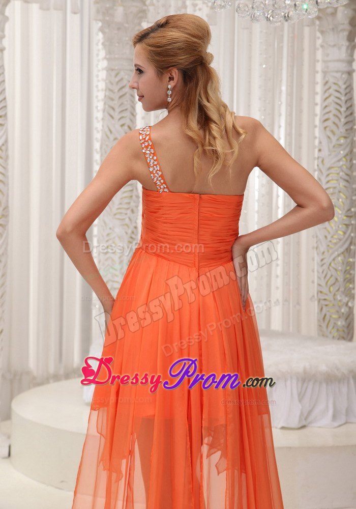 Beaded One Shoulder Ruched High-low Prom Homecoming Dress in Orange