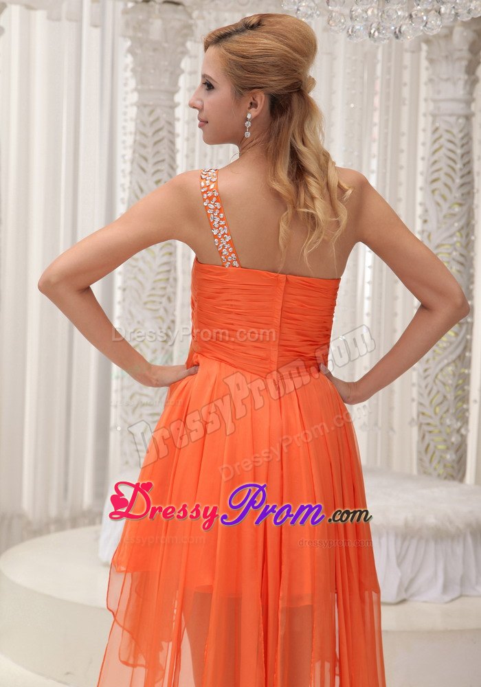 Beaded One Shoulder Ruched High-low Prom Homecoming Dress in Orange