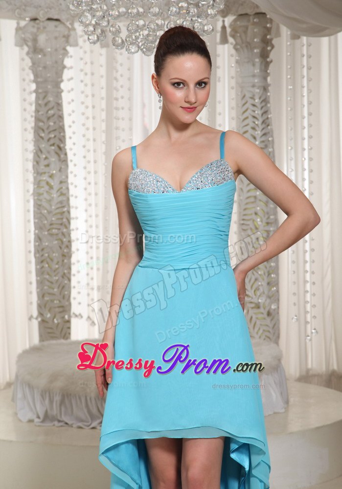 Aqua Blue High-low Beaded Prom Evening Dress with Spaghetti Straps