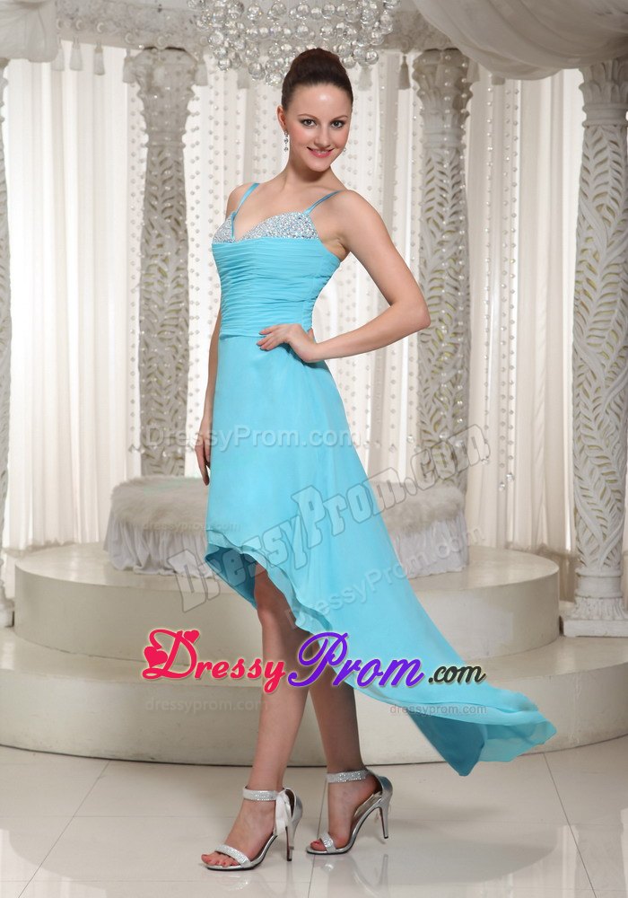 Aqua Blue High-low Beaded Prom Evening Dress with Spaghetti Straps