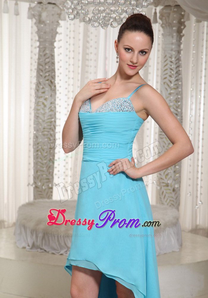 Aqua Blue High-low Beaded Prom Evening Dress with Spaghetti Straps