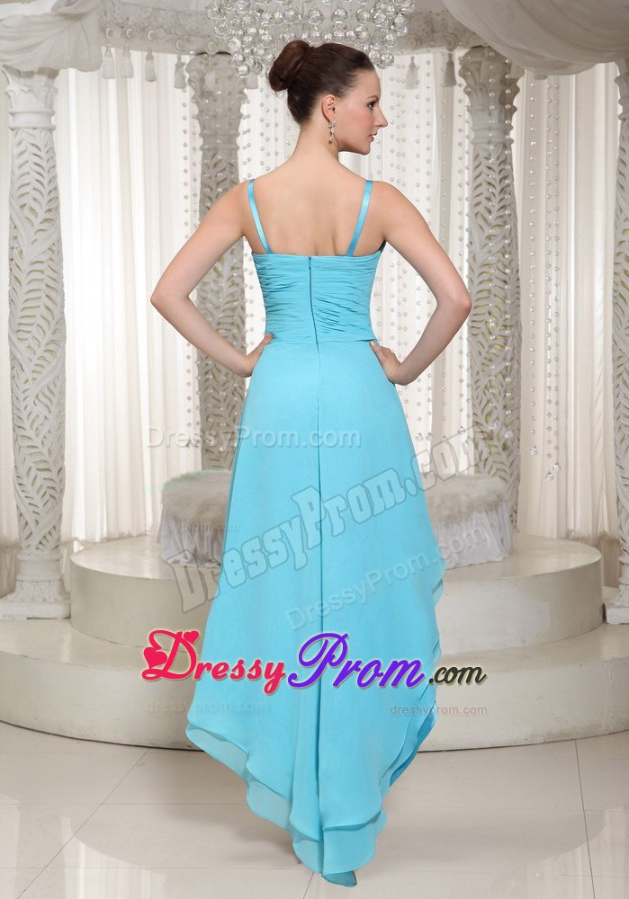 Aqua Blue High-low Beaded Prom Evening Dress with Spaghetti Straps