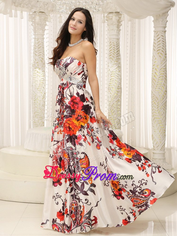 Beaded Strapless Long Dress for Prom Queen with Colorful Print