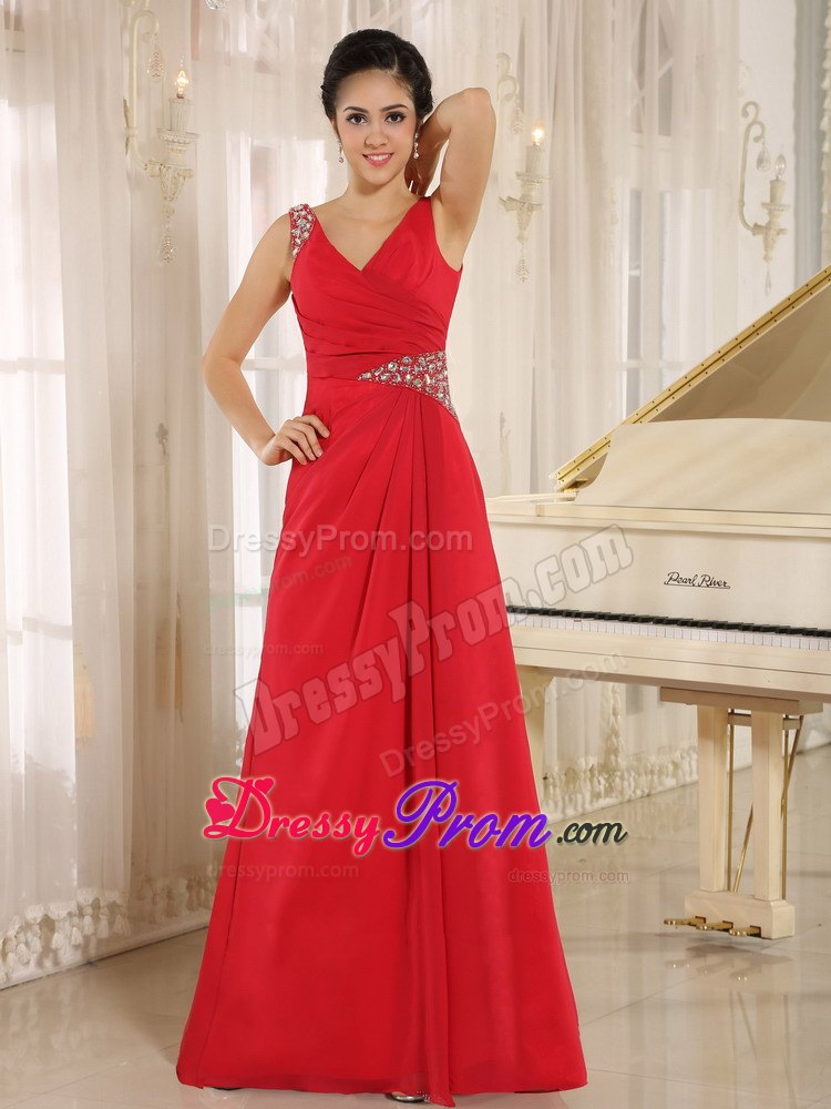 Red Beaded Decorated V-neck with Straps and Waist for 2013 Prom Dress