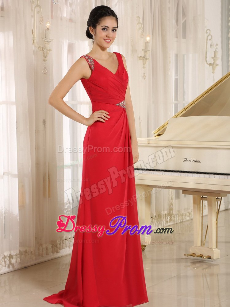 Red Beaded Decorated V-neck with Straps and Waist for 2013 Prom Dress