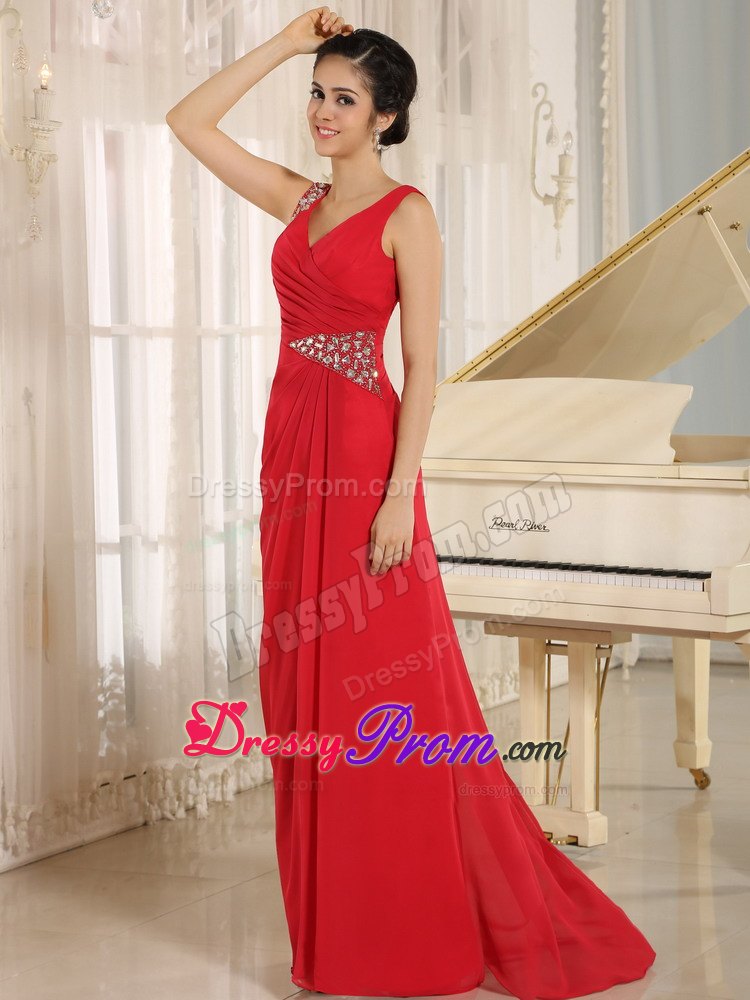 Red Beaded Decorated V-neck with Straps and Waist for 2013 Prom Dress