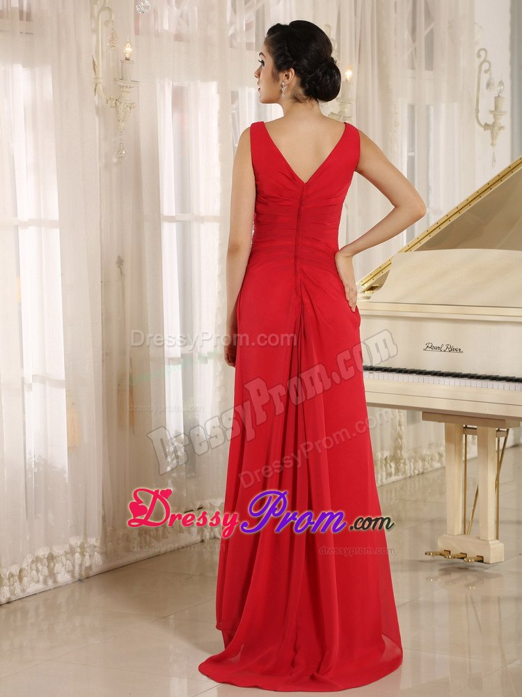 Red Beaded Decorated V-neck with Straps and Waist for 2013 Prom Dress