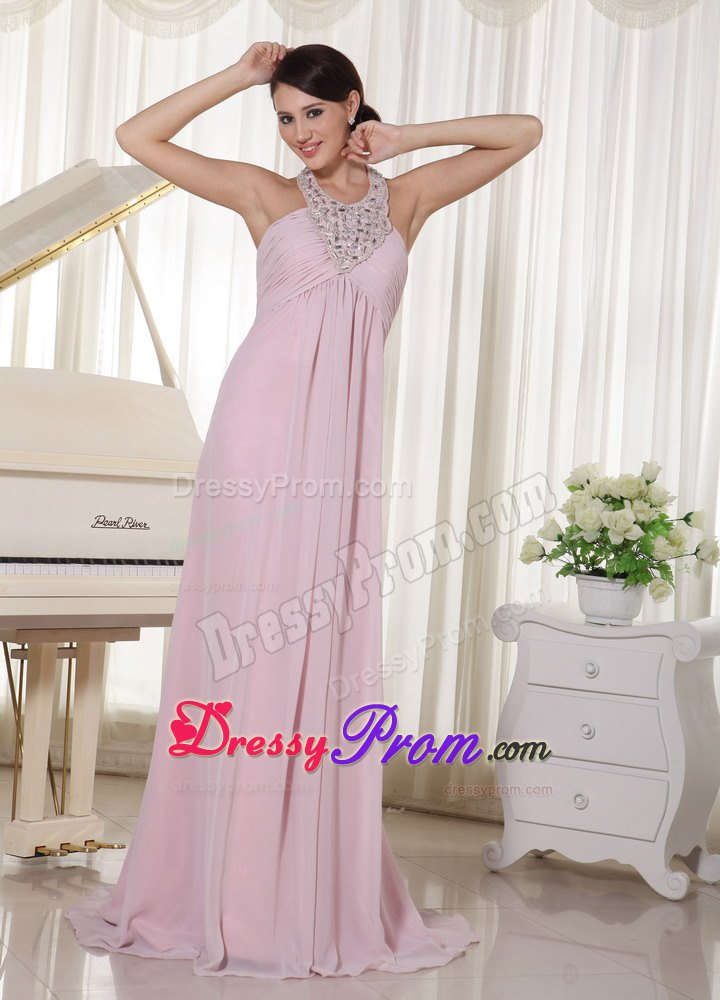 Baby Pink Halter Beaded Chiffon 2013 Prom Dress with Brush Train