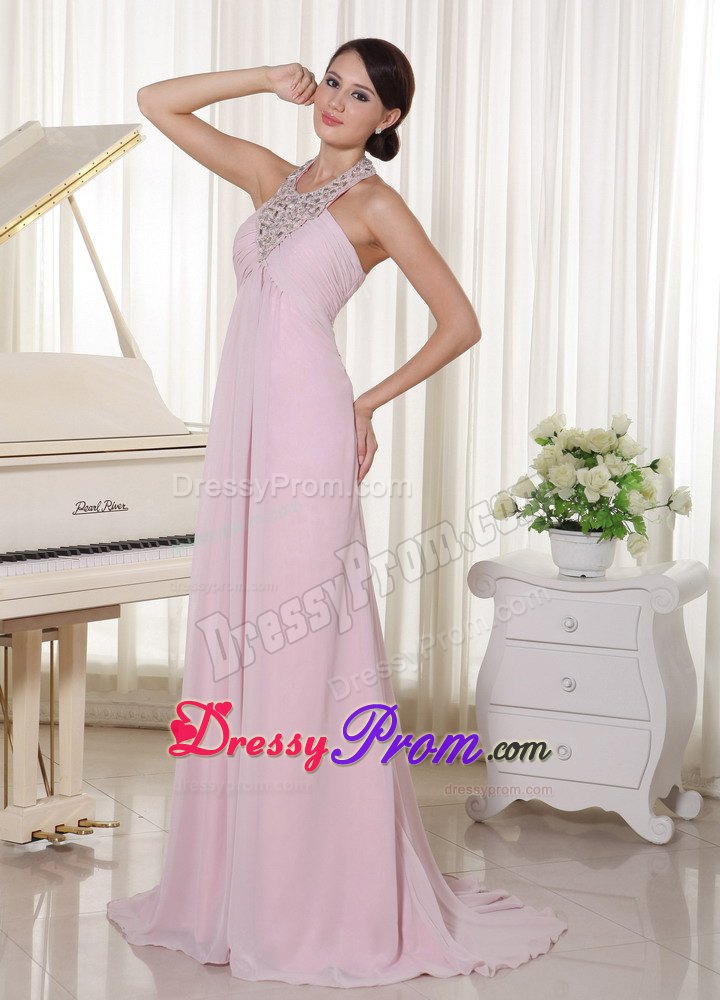 Baby Pink Halter Beaded Chiffon 2013 Prom Dress with Brush Train