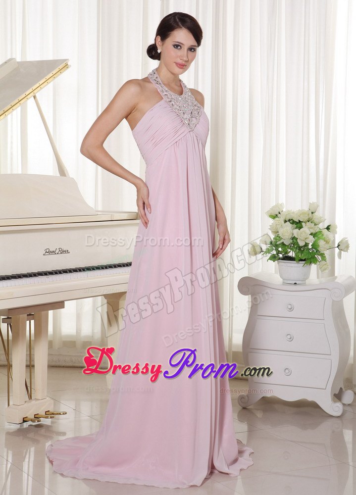 Baby Pink Halter Beaded Chiffon 2013 Prom Dress with Brush Train