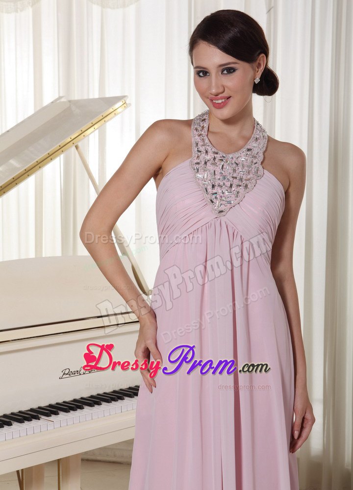 Baby Pink Halter Beaded Chiffon 2013 Prom Dress with Brush Train