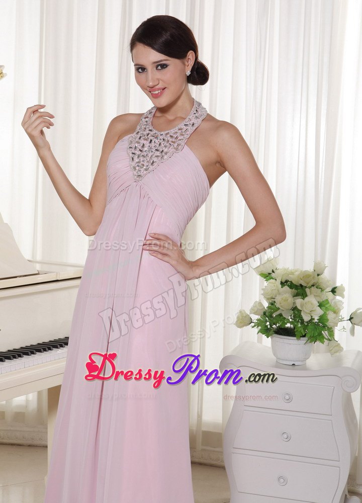 Baby Pink Halter Beaded Chiffon 2013 Prom Dress with Brush Train