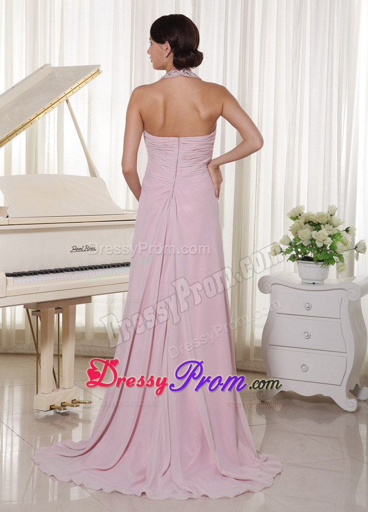 Baby Pink Halter Beaded Chiffon 2013 Prom Dress with Brush Train