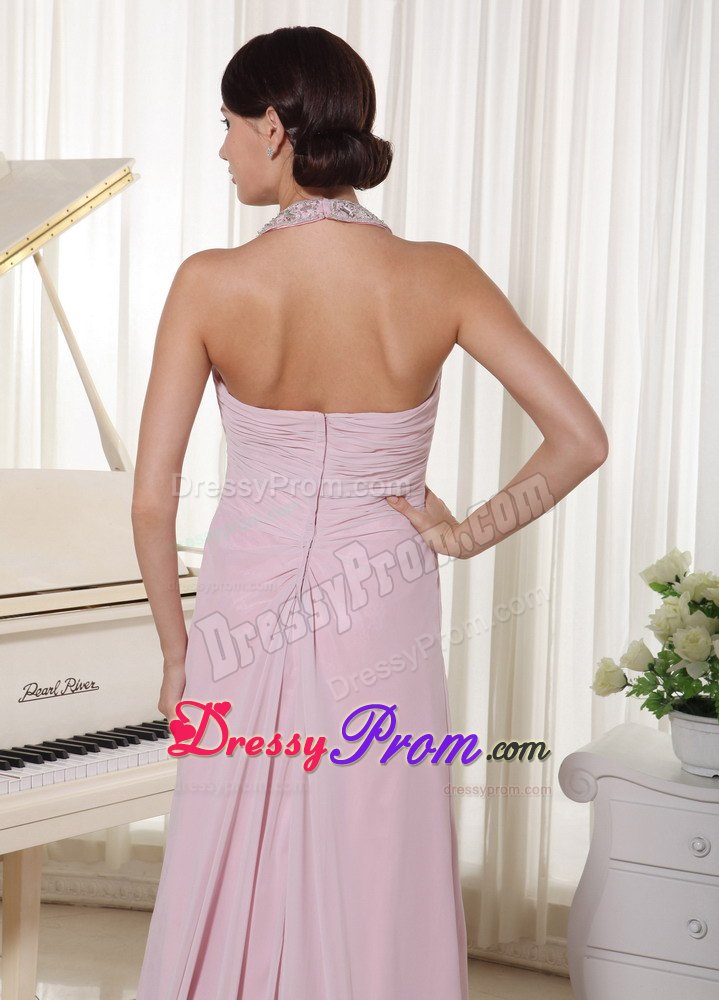 Baby Pink Halter Beaded Chiffon 2013 Prom Dress with Brush Train